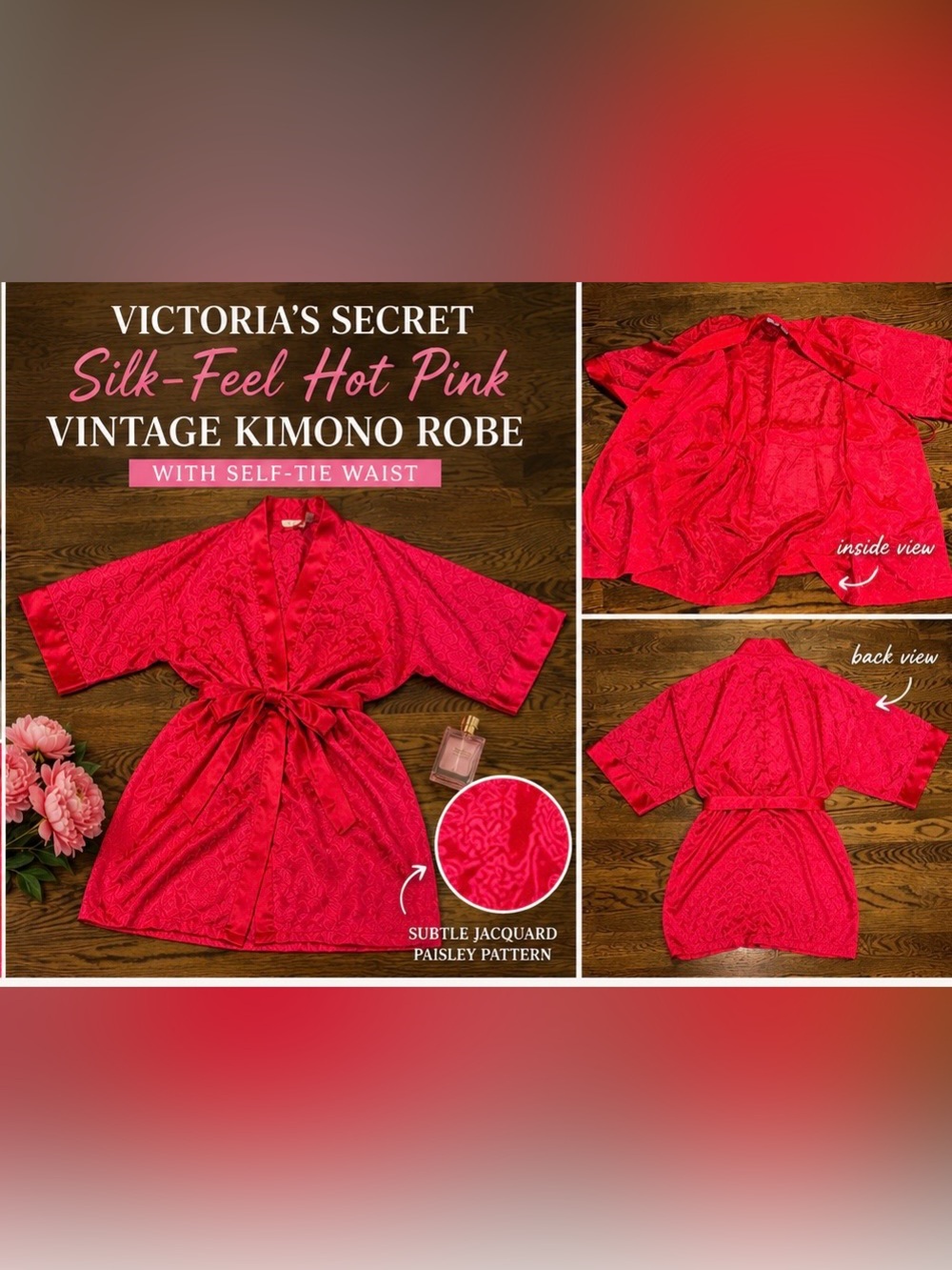 Victoria’s Secret silk-feel hot pink vintage kimono robe Wedding Honeymoon